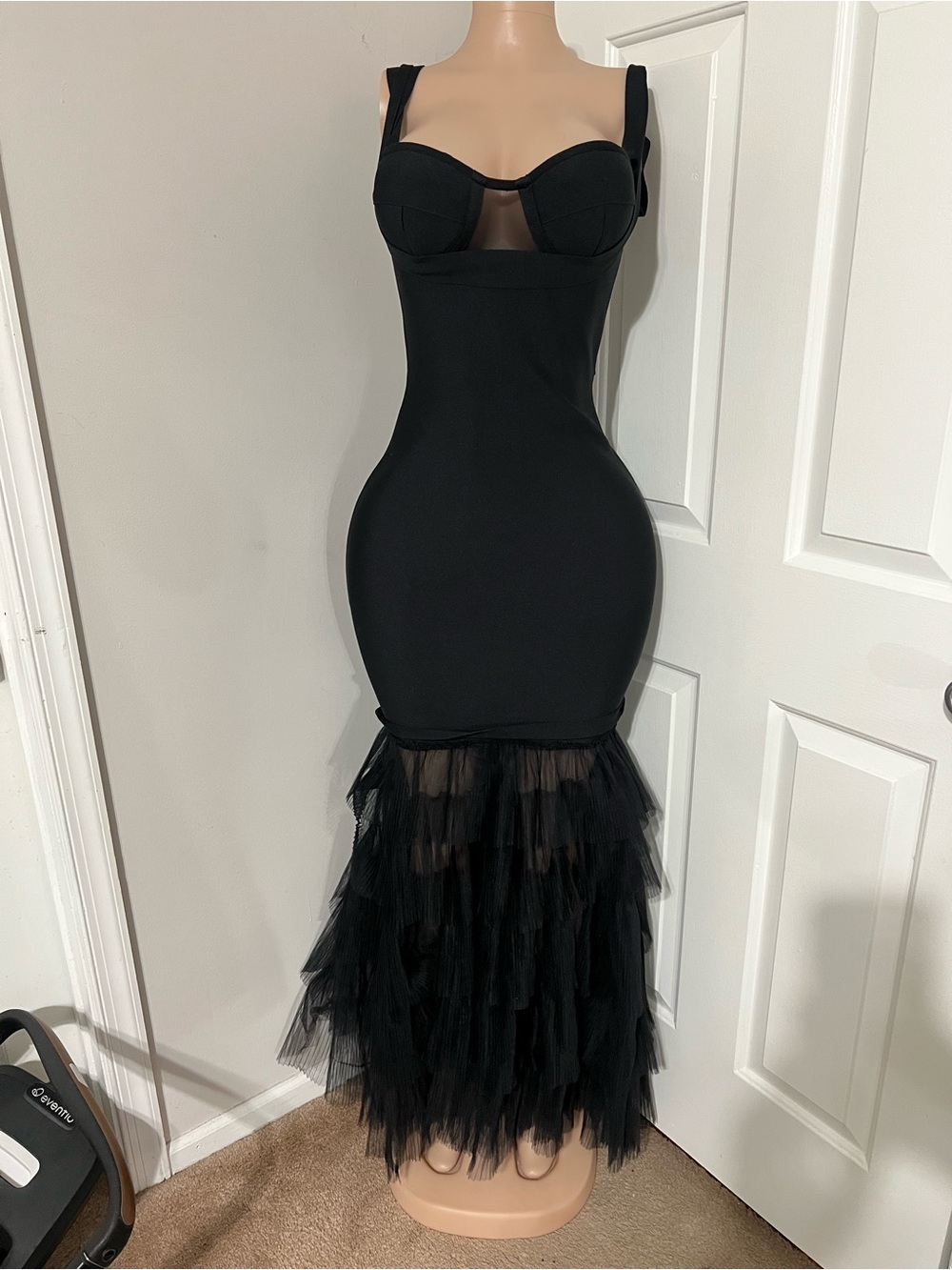Black Maxi Dress with Tiered Tulle Hem
